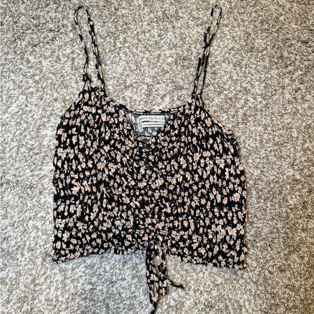 Urban Outfitters Black & Cream Floral Smocked Tie-Front Cami Top